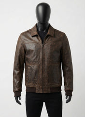 Dark Brown Shirt Style Bomber Leather Jacket