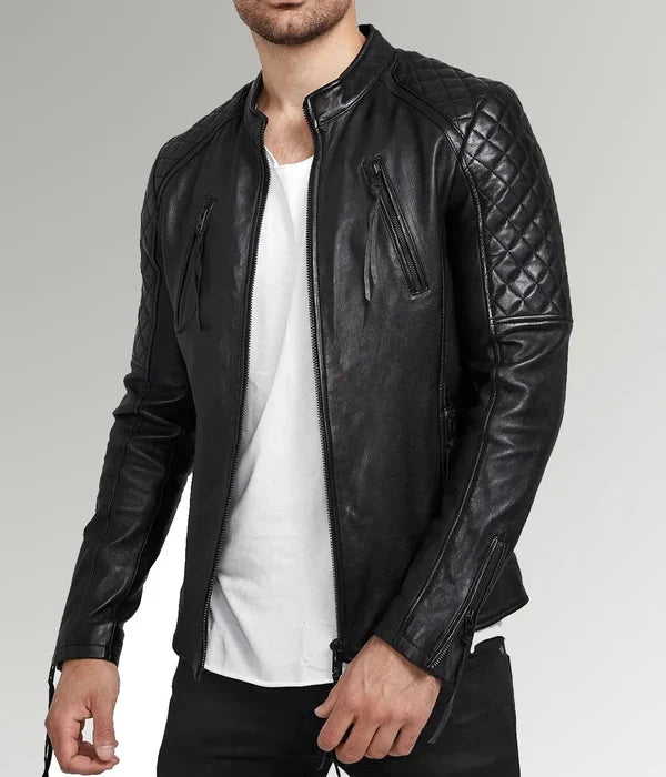 Mens Diamond Quilted Real Sheepskin Leather Jacket Black
