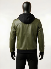 Olive Green Bomber Leather Jacket With Hood