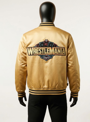 WWE WrestleMania 41 Gold Satin Varsity Bomber Jacket