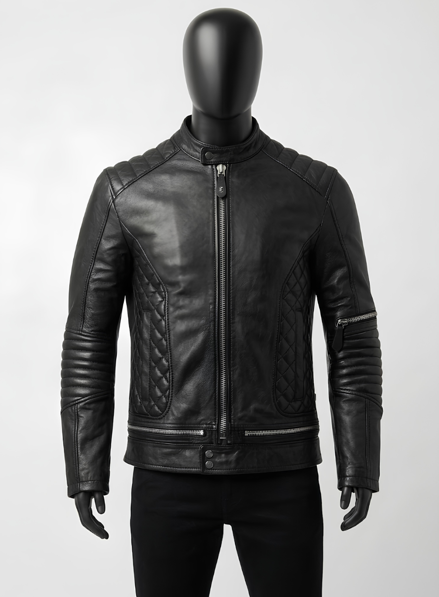 Black Quilted Biker Leather Jacket