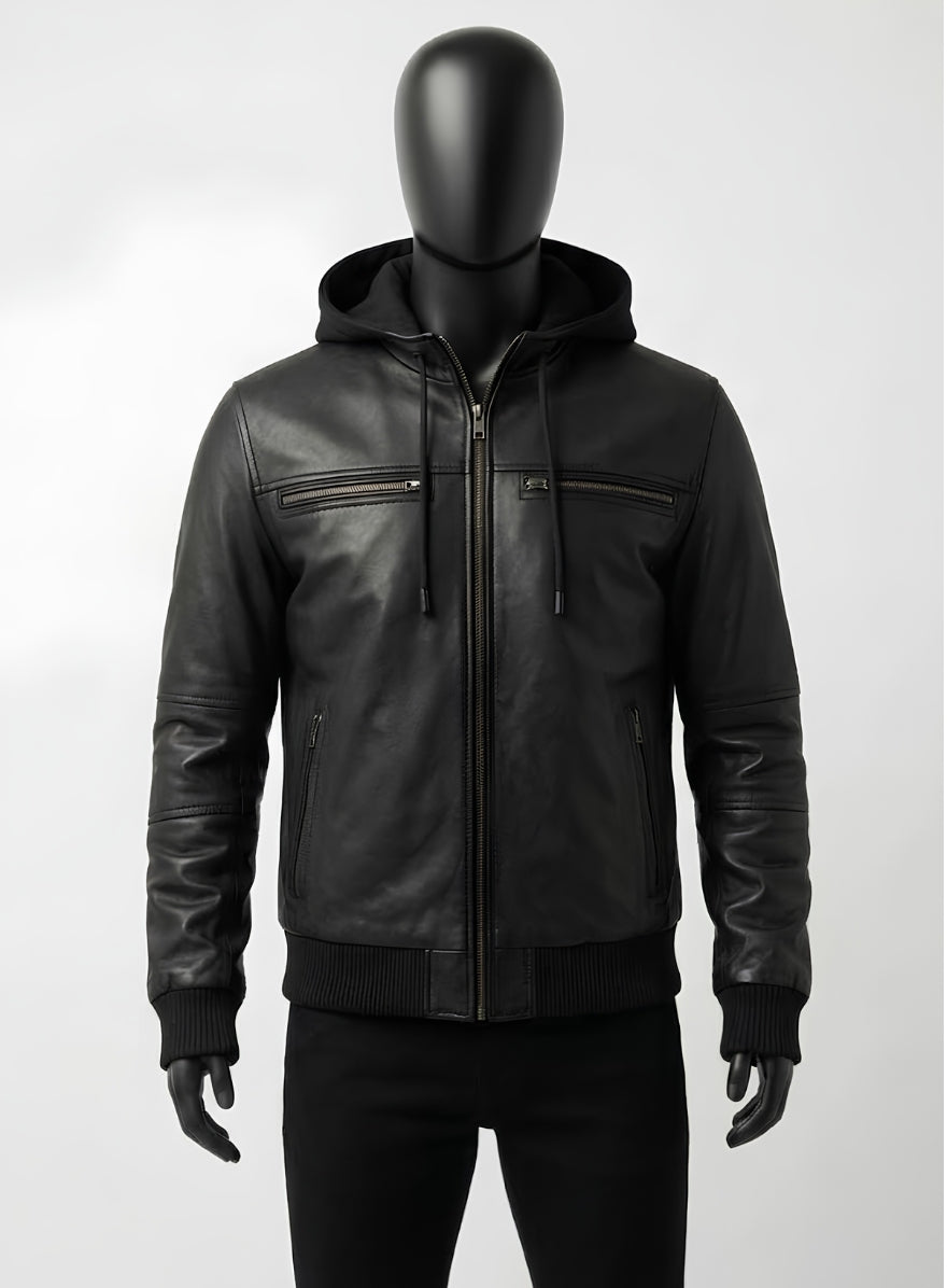 Bouncer Biz Black Leather Bomber Jacket