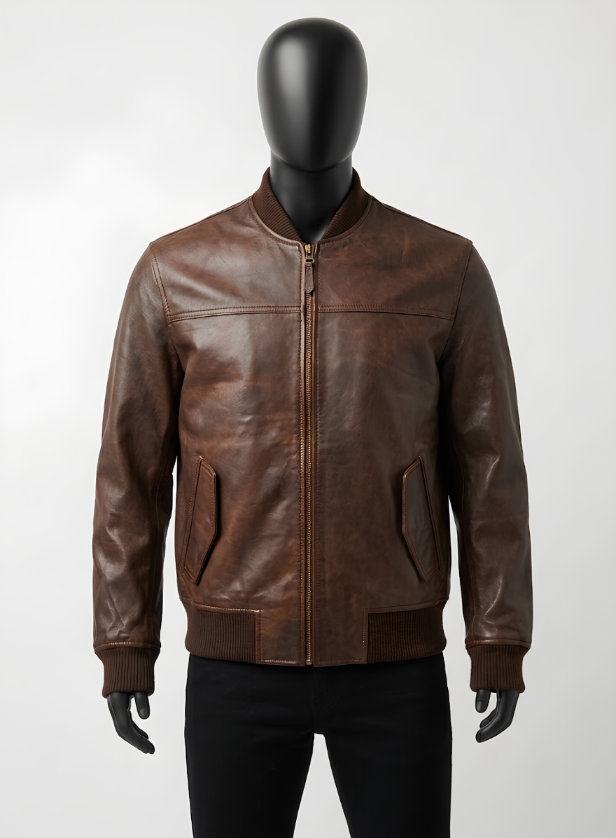 Dark Brown Bomber Biker Leather Jacket