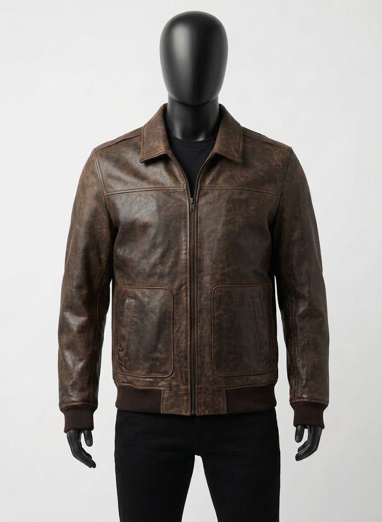 Dark Brown Shirt Style Bomber Leather Jacket