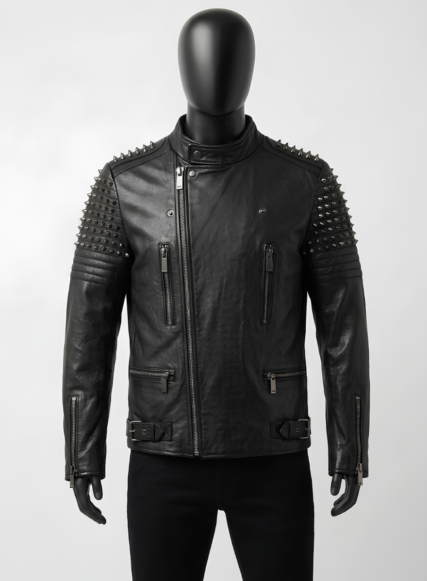 Maestro Black Studded Biker Leather Jacket