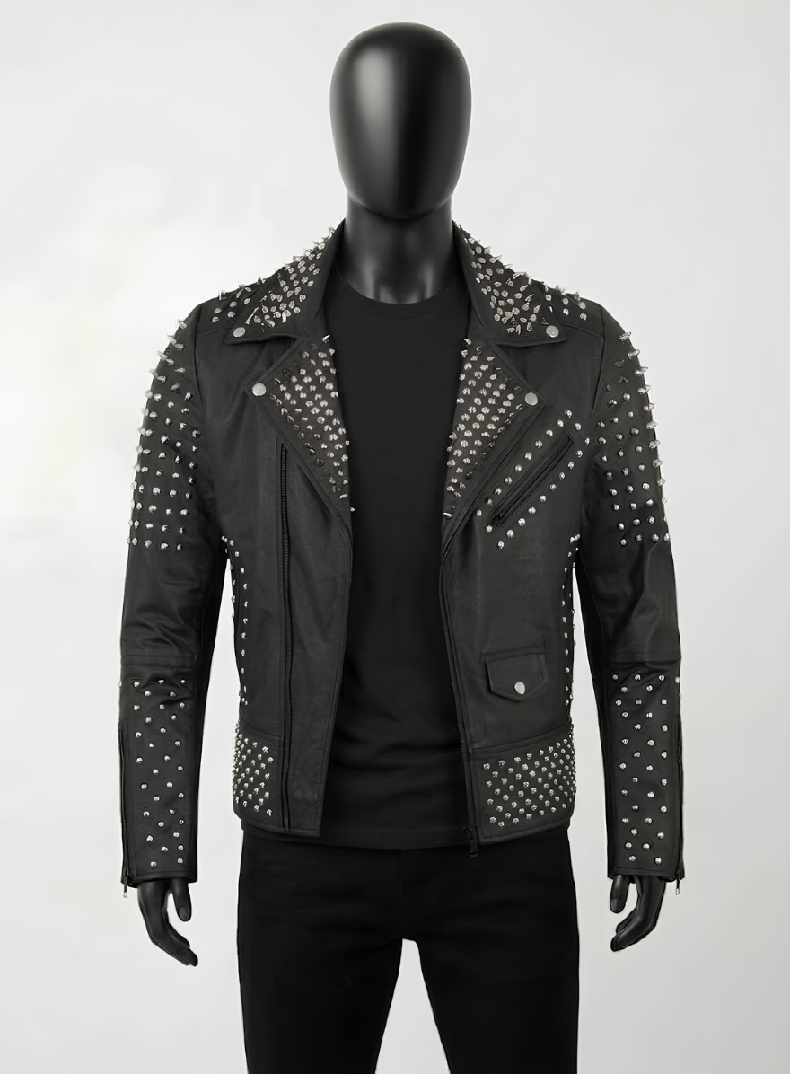 Phantom Black Studded Biker Leather Jacket