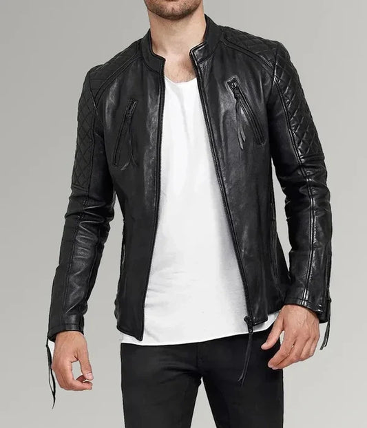 Mens Diamond Quilted Real Sheepskin Leather Jacket Black