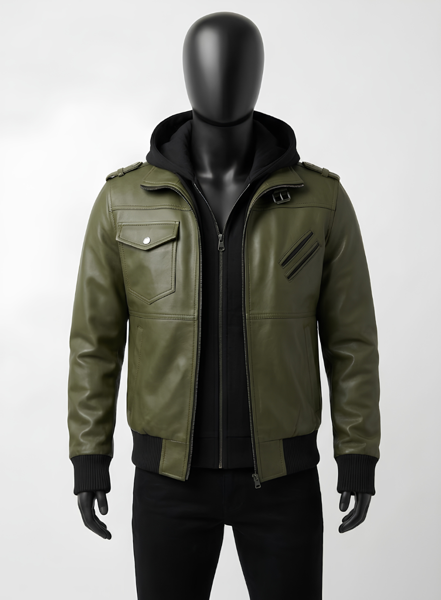 Olive Green Bomber Leather Jacket With Hood