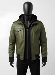 Olive Green Bomber Leather Jacket With Hood