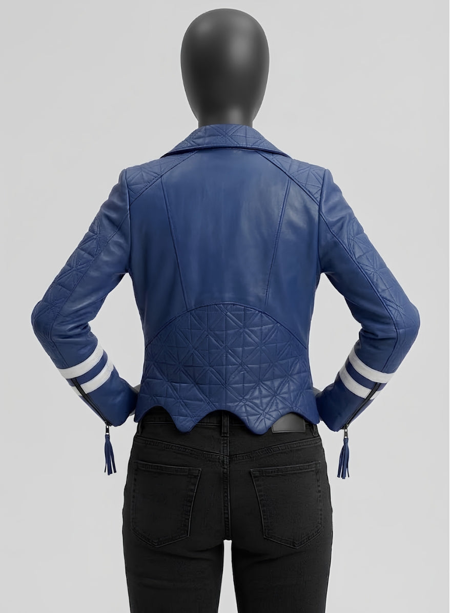 Stylish Blue Leather Biker Jacket with White Stripes