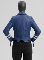 Stylish Blue Leather Biker Jacket with White Stripes