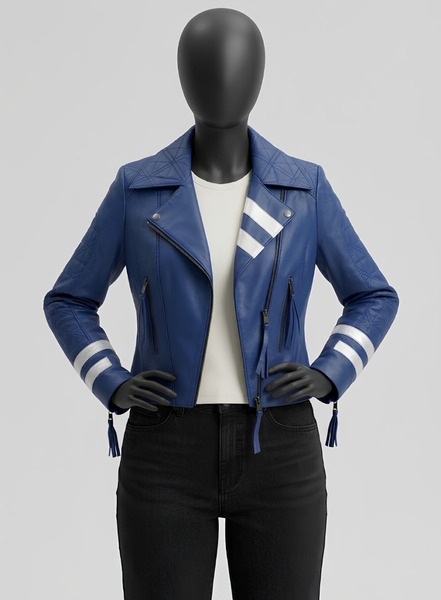Stylish Blue Leather Biker Jacket with White Stripes