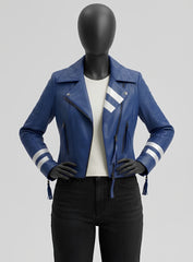 Stylish Blue Leather Biker Jacket with White Stripes