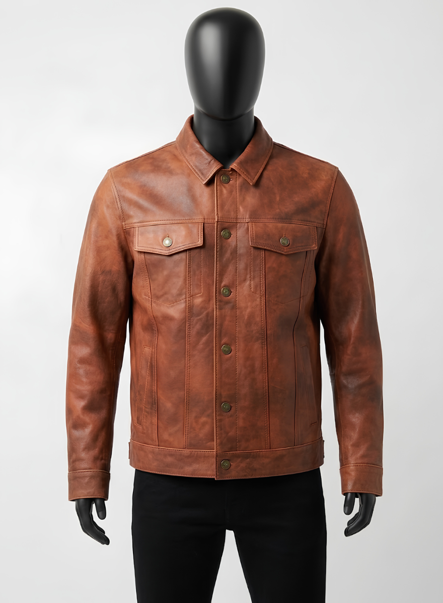 Tan Brown Trucker Style Genuine Leather Jacket