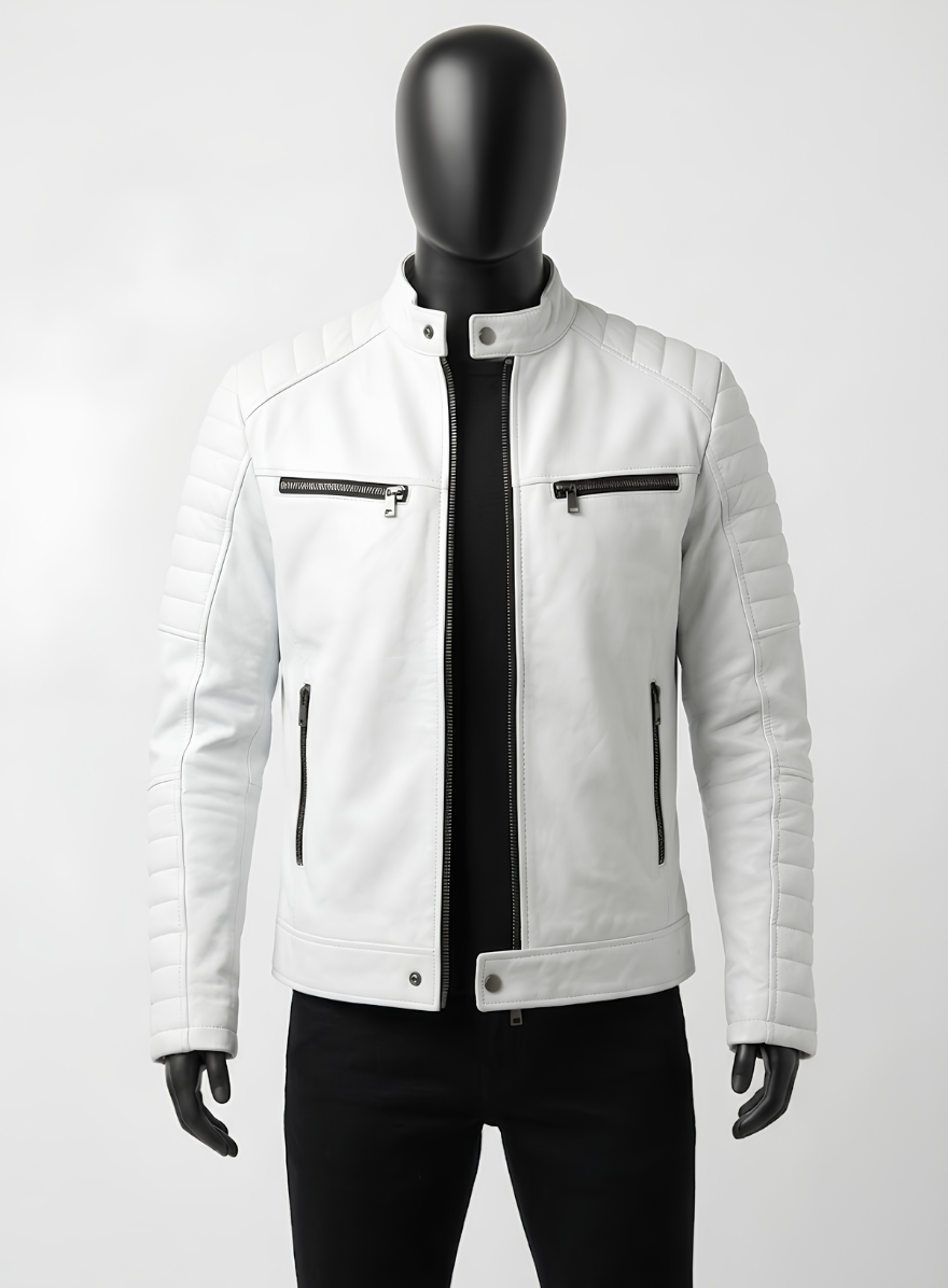 Torino White Leather Biker Jacket