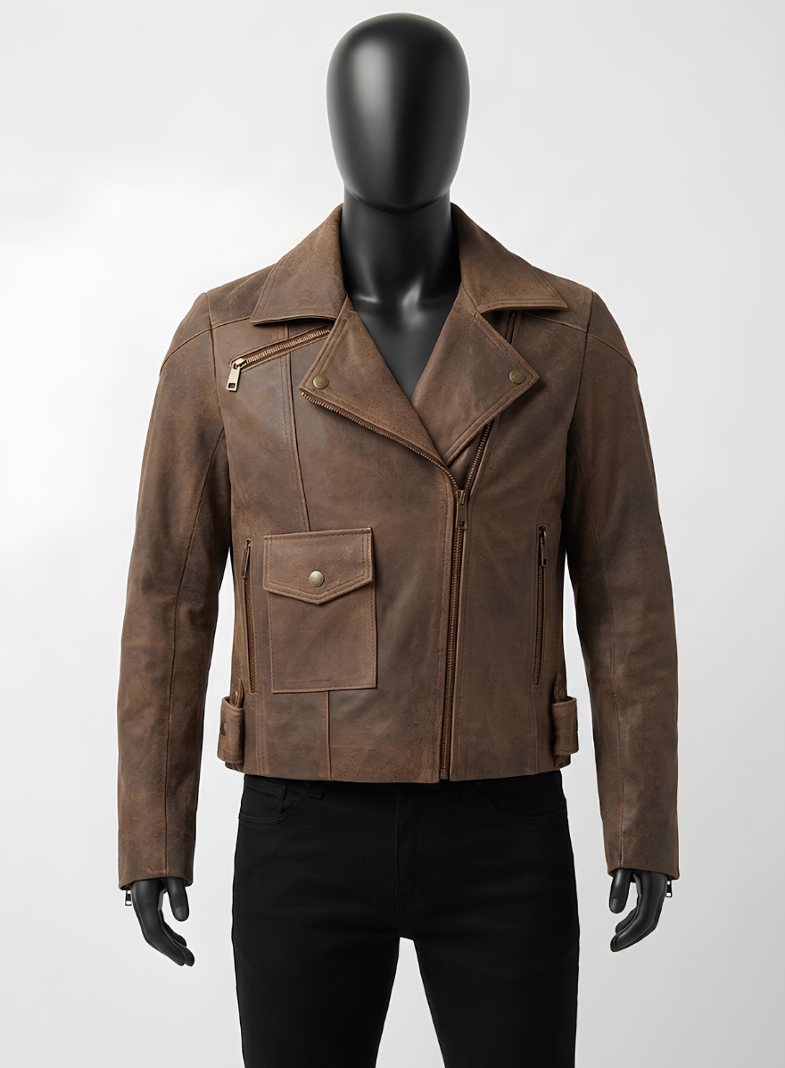 Vintage Brown Distressed Leather Biker Jacket