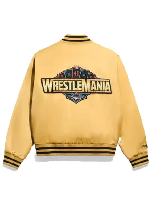 WWE WrestleMania 41 Gold Satin Varsity Bomber Jacket